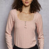 POL Square Neck Cropped Knit Top with Curved Hem - POWDER PINK