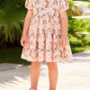 Children's Tiered Bunny Rainbow Print Casual Dress - Watermelon pink