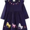 Children's Embroidered Long Sleeve Casual Dress - Dark Navy