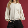 Umgee Linen Long Sleeve Top with Drawstring - OATMEAL