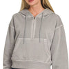 Zenana Fleece Pigment Dye Half Zip Kangaroo Pocket Hoodie - SLEET