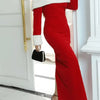 Off-Shoulder Long Sleeve Christmas Maxi Dress - Red