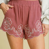 Umgee Full Size Linen Blend Shorts with Floral Embroidered Details Plus Size - Dusty Pink