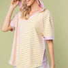 White Birch Full Size Striped Short Sleeve Drawstring Hooded Top - Pink Combo