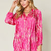 Double Take Full Size Printed Button Up Long Sleeve Shirt - Hot Pink