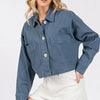 bytos Button Down Cropped Denim Jacket with Patch Pockets - French Blue