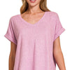 Zenana Soft Melange Hacci V-neck Tee - BRIGHT MAUVE