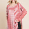 Culture Code Oversize Striped Round Neck Long Sleeve Slit T-Shirt - DUSTY ROSE COMBO
