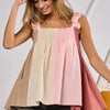 BiBi Frill Shoulder Strap Color Block Bodice Top - TAUPE/PINK/MARSALA