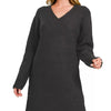 V-Neck Long Sleeve Ribbed Sweater Dress - BLACK