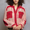 POL Texture Woven Button Down Hooded Shirt with Drawstring Hem - BLUSH RED MULTI