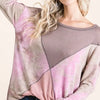 BiBi Thermal Waffle Color Block Top with Tie Dye - TAUPE/BLUSH