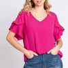 GeeGee V-Neck Ruffle Trim Short Sleeve Blouse - MAGENTA