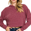 Zenana Drop Shoulder Ribbed Crop Hoodie - CABERNET