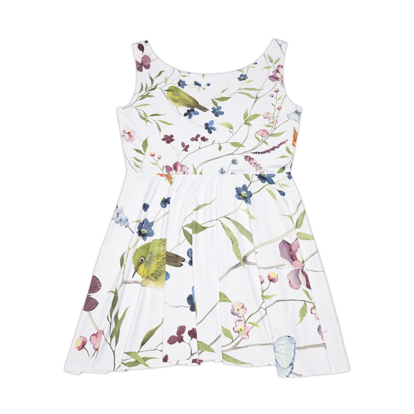Floral Birds AOP Skater Dress, Spring Dress, Summer Outfit, Casual Dress, Gift for Her, Everyday Wear