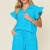 Double Take Full Size Texture Flounce Sleeve Top and Drawstring Shorts Set - Aqua