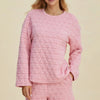Double Take Full Size Texture Round Neck Long Sleeve Top and Shorts Set - Pink