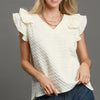 Umgee Full Size Textured Jacquard V-Neck Ruffle Cap Sleeve Blouse Plus Size - Cream