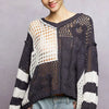 POL Color-Blocked Stripe Pattern Knit Top with Twisted Weave - CHARCOAL
