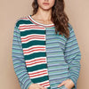 POL Color Block Striped Round Neck Long Sleeve T-Shirt - GREEN MULTI