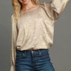 Umgee Wrinkled Round Neck Lantern Sleeve Blouse - Tan