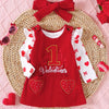 Children's Heart Print Bodysuit and Dress Outfit Set with Headband - Deep Red