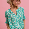 BiBi Flower Printed Woven Smocking Sleeves V Neck Top - MINT
