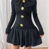 Decorative Button Mock Neck Long Sleeve Mini Dress - Black