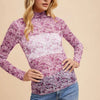 Annie Wear Floral Lettuce Hem Sheer Mesh Top - Ivory/Purple