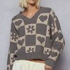POL V-Neck Heart Pattern Checkered Sweater - GHOST GREY/BEIGE