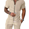 Men's Plus Size Zip Up Short Sleeve Top and Shorts Set - Khaki