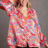 Umgee Full Size Satin Paisley Ruffle Neck Button-Up Shirt Plus Size - Hot Pink