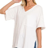 Zenana Front Pocket Raw Edge Boyfriend Tee - WHITE