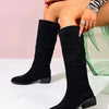 Point Toe Block Heels Boots - Black