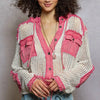 POL Texture Woven Button Down Hooded Shirt with Drawstring Hem - PINK MULTI