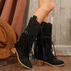 Fringe Point Toe Block Heels Boots - Black