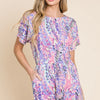BOMBOM Print Short Sleeve Romper with Pockets - Plum