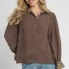 Umgee Half Button Blouse with Leopard Print Trim - CHOCOLATE