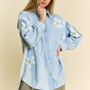 Davi & Dani Lightweight Washed Daisy Patch Waffle Knit Shirt - LIGHT DENIM