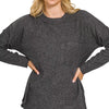 Zenana Ribbed Brushed Melange Hacci Sweater with Chest Pocket - BLACK