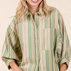 Mittoshop Striped Bubble Sleeve Button Down Shirt - GREEN TEA