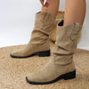 Pleated Pull-On Western Cowboy Boots - Khaki
