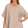 Zenana Washed Double Gauze Exposed Seam Short Sleeve Top - ASH MOCHA