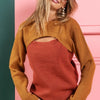 BiBi Color Block Sweater Knit Top With Cut Out Neck - CAMEL/RUST