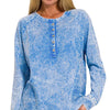 Zenana Washed French Terry Half Button Top - OCEAN BLUE