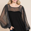 Super Lady Full Size Metallic Mesh Lantern Sleeve Blouse - Black