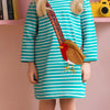 Children's Striped Bird Applique Long Sleeve Dress - Turquoise