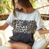 BiBi Leopard Printed Jersey Color Block Roll Up Top - IVO/CHARCOAL