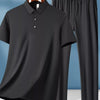 Men's Plus Size Button Detail Short Sleeve Top and Pants Set - Black