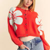 Davi & Dani Flower Contrast Round Neck Long Sleeve Cardigan - Orange
